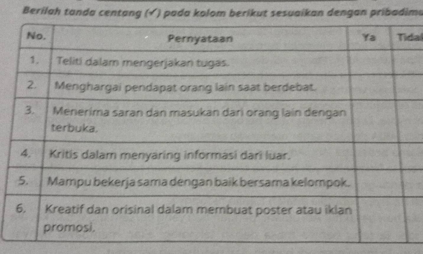 Berilah tanda centang (√) pada kolom berikut sesuaikan dengan pribadimu 
dal