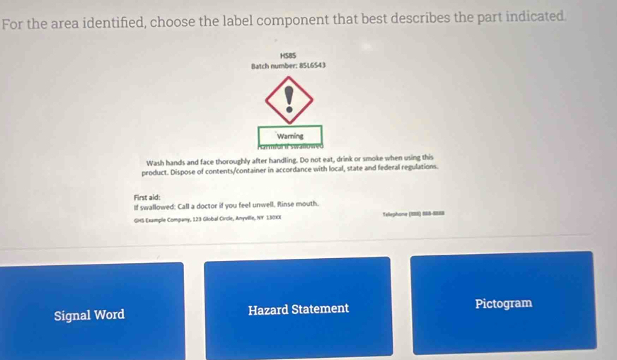 For the area identified, choose the label component that best describes the part indicated. 
HSBS 
Batch number: 85L6543
Warning 
Wash hands and face thoroughly after handling. Do not eat, drink or smoke when using this 
product. Dispose of contents/container in accordance with local, state and federal regulations. 
First aid: 
If swallowed: Call a doctor if you feel unwell, Rinse mouth. 
GHS Example Company, 123 Global Circle, Anyville, NY 130)XX Telephone (IIS) SIS-SIE8 
Signal Word Hazard Statement 
Pictogram