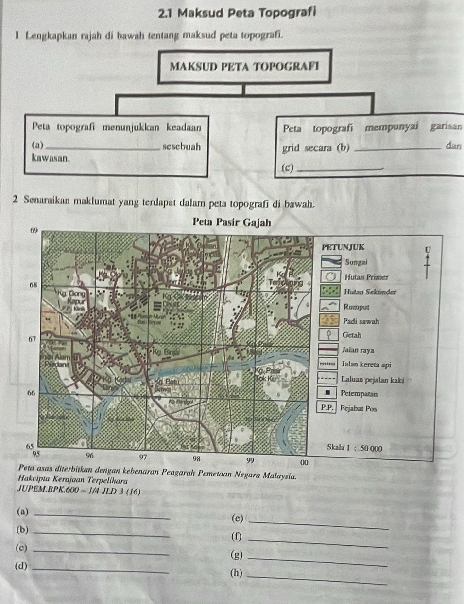 2.1 Maksud Peta Topografi
1 Lengkapkan rajah di bawah tentang maksud peta topografi.
MAKSUD PETA TOPOGRAFI
Peta topografi menunjukkan keadaan Peta topografi mempunyai garisan
(a)_ sesebuah _dan
grid secara (b)
kawasan.
(c)_
2 Senaraikan maklumat yang terdapat dalam peta topografi di bawah.
Peta asas diterbitkan dengan kebenaran Pengarah Pemetaan Negara Malaysia.
Hakcipta Kerajaan Terpelihara
JUPEM.BPK.6 00-1/4JLD3(16)
(a)_
(e)_
(b)_
(f)_
(c)_
(g)_
_
(d) _(h)