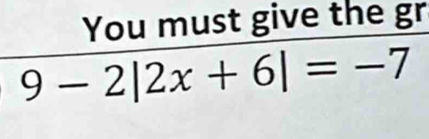 You must give the gr
9-2|2x+6|=-7