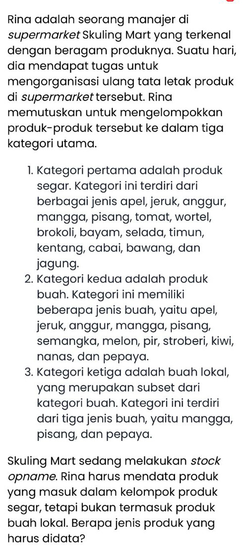 Rina adalah seorang manajer di 
supermarket Skuling Mart yang terkenal 
dengan beragam produknya. Suatu hari, 
dia mendapat tugas untuk 
mengorganisasi ulang tata letak produk 
di supermarket tersebut. Rina 
memutuskan untuk mengelompokkan 
produk-produk tersebut ke dalam tiga 
kategori utama. 
1. Kategori pertama adalah produk 
segar. Kategori ini terdiri dari 
berbagai jenis apel, jeruk, anggur, 
mangga, pisang, tomat, wortel, 
brokoli, bayam, selada, timun, 
kentang, cabai, bawang, dan 
jagung. 
2. Kategori kedua adalah produk 
buah. Kategori ini memiliki 
beberapa jenis buah, yaitu apel, 
jeruk, anggur, mangga, pisang, 
semangka, melon, pir, stroberi, kiwi, 
nanas, dan pepaya. 
3. Kategori ketiga adalah buah lokal, 
yang merupakan subset dari 
kategori buah. Kategori ini terdiri 
dari tiga jenis buah, yaitu mangga, 
pisang, dan pepaya. 
Skuling Mart sedang melakukan stock 
opname. Rina harus mendata produk 
yang masuk dalam kelompok produk 
segar, tetapi bukan termasuk produk 
buah lokal. Berapa jenis produk yang 
harus didata?