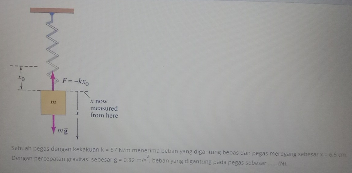 N/m menerima beban yang digantung bebas dan pegas meregang sebesar x=6.5cm
Dengan percepatan gravitasi sebesar g=9.82m/s^2 , beban yang digantung pada pegas sebesar ...... (N).