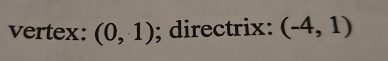 vertex: (0,1); directrix: (-4,1)