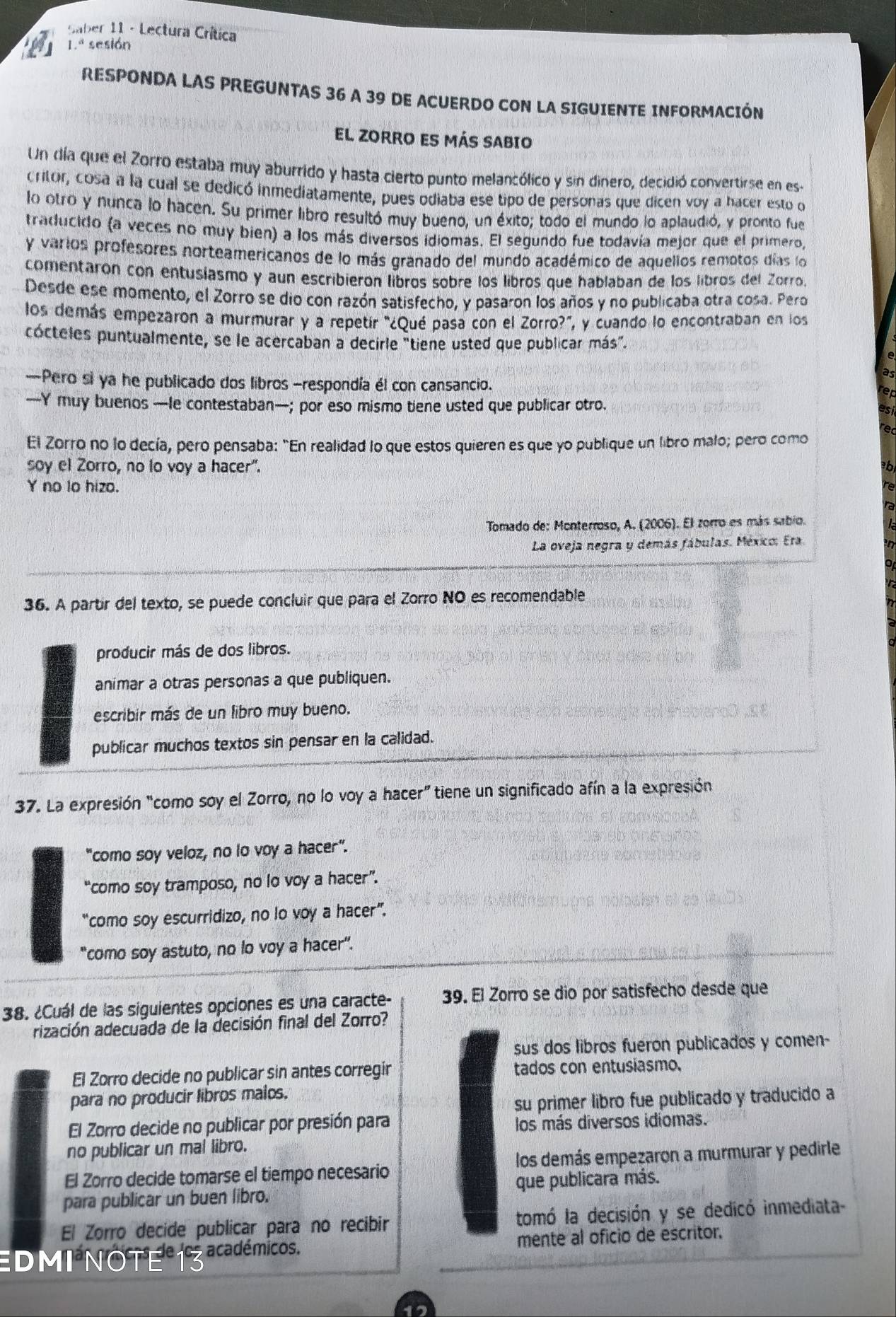 Resuelto:Saber 11 - Lectura Crítica 1.ª sesión RESPONDA LAS PREGUNTAS ...