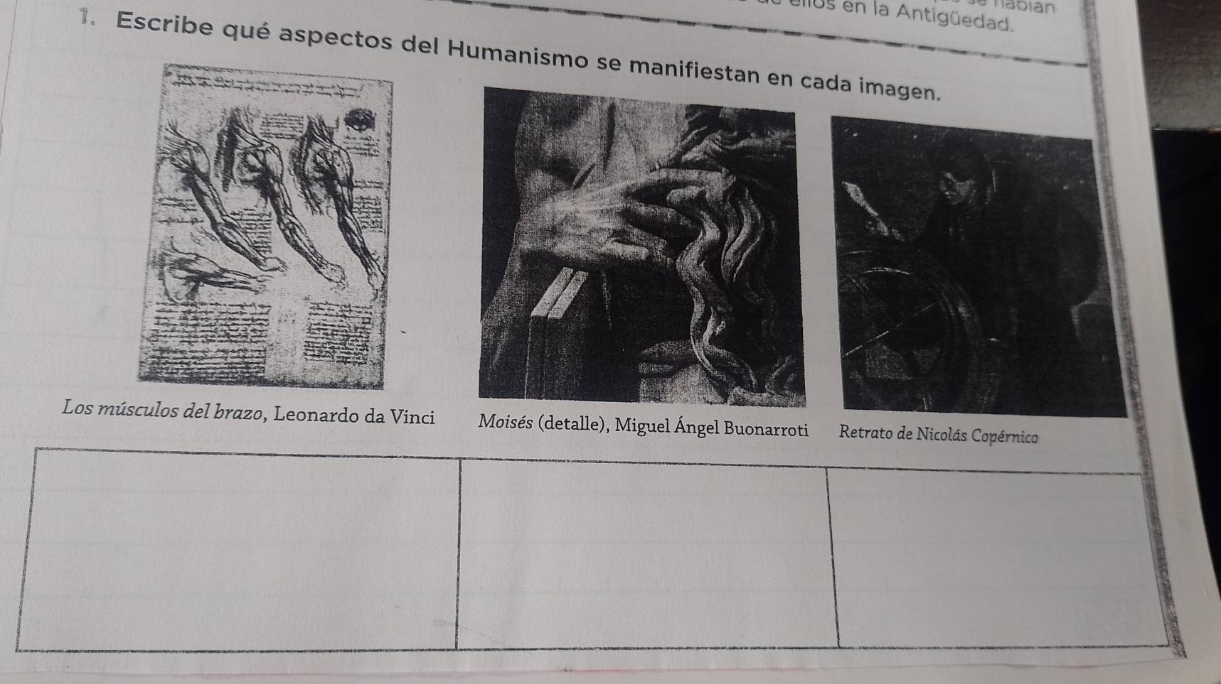 abian 
os en la Antigüedad. 
. Escribe qué aspectos del Humanismo se manifiestan eada imagen. 
Los músculos del brazo, Leonardo da Vinci Moisés (detalle), Miguel Ángel Buonarroti Retrato de Nicolás Copérnico