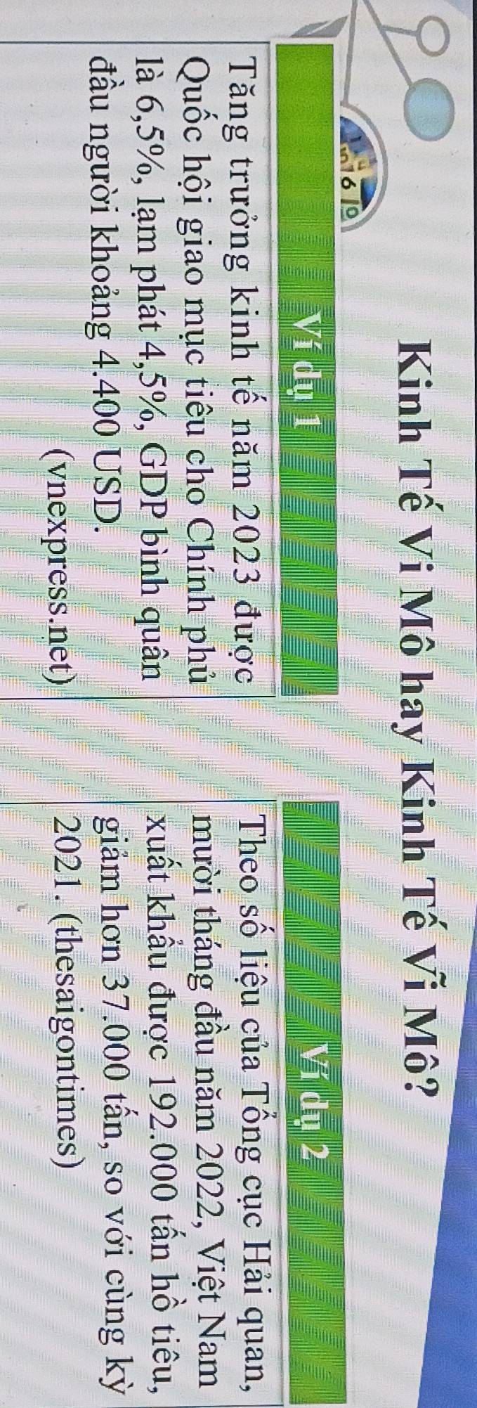 Kinh Tế Vi Mô hay Kinh Tế Vĩ Mô? 
161º 
Ví du 1 
Ví du 2
Tăng trưởng kinh tế năm 2023 được 
Theo số liệu của Tổng cục Hải quan, 
Quốc hội giao mục tiêu cho Chính phủ mười tháng đầu năm 2022, Việt Nam 
là 6,5%, lạm phát 4,5%, GDP bình quân xuất khẩu được 192.000 tấn hồ tiêu, 
đầu người khoảng 4.400 USD. giảm hơn 37.000 tấn, so với cùng kỳ 
(vnexpress.net) 2021. (thesaigontimes)