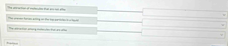 The attraction of molecules that are not alike
The uneven forces acting on the top particles in a liquid
The attraction among molecules that are alike
Previsus