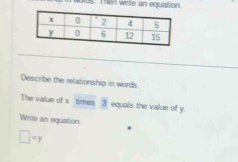 worus. Then write an equation. 
Describe the relationship in words. 
The value of x times 3 equals the value of y. 
Write an equation.
□ =y