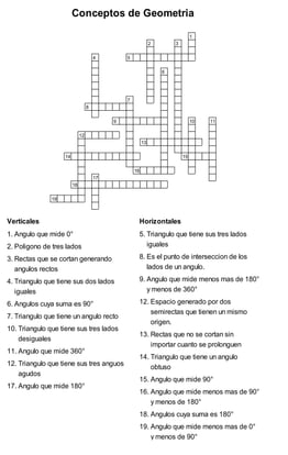 Conceptos de Geometria 
Verticalles Horizontalles 
1. Argulo que mide 0° 5. Triangulo que tiene sus tres lados igualies 
2. Polígono de três lados 8. Es el punto de intersección de los 
3. Rectas que se cortan generando angulos rectos 
lados de un anqulo 
9. Ángulo que mide meros más de 180°
4. Triangulo que tene sus dos lados igusters y menos de 360°
6. Angulos cuya suma es 90° 12. Espacio generado por dos 
7. Triangulo que tiene un angulo recto semirectas que tienen un mismo 
10. Triangulo que tíene sus tres lados desiguales 13. Rectas que no se cortan sin origen. 
11. Angulo que mide 360° importar cuanto se prolonguen 
12. Triangulo que tiene sus tres anguos agudos 14. Triangulo que tene un angulo 
obaso 
17. Angulo que mide 180° 16. Angulo que mide menos más de 15. Ángulo que mide 90°
90°
y menos de 180°
18. Angulos cuya suma es 180°
19, Angulo que mide menos más de y menos de 90° 0°