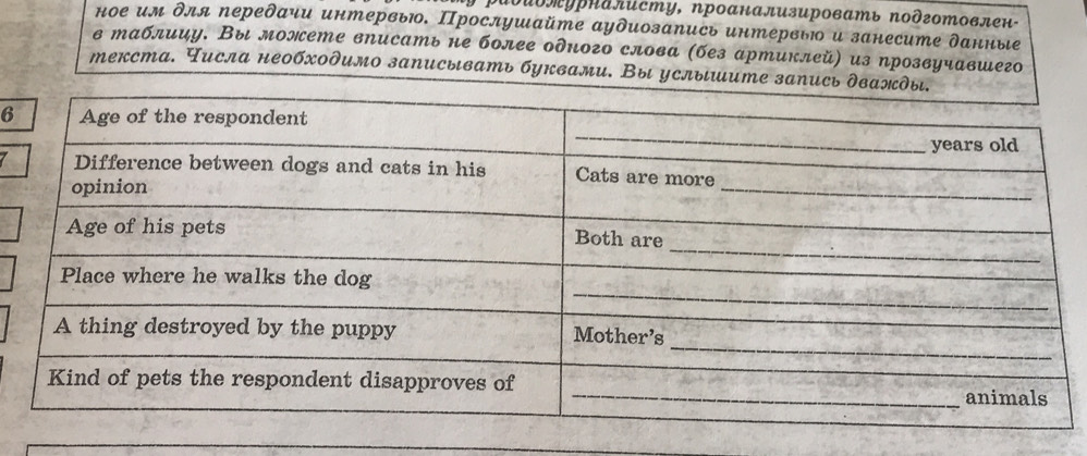 ιθύоπурналисту, ηроанализировать πодготовлен- 
ное ил δля переδαчи интервы. Прослушайте αуδиозапись интервыю и занесите данные 
в таблицу. Вы ложете вписать не более оδного слова (без артиклей) из прозвучавшего 
текста. Числа необхοδимо записывать буквами. Вы услыιшите запи 
6 
7