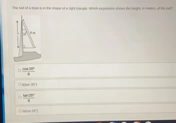 Solved: The sail of a boat is in the shape of a right triangle. Which ...
