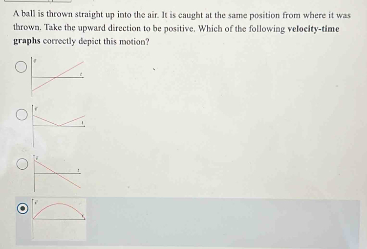 A ball is thrown straight up into the air. It is caught at the same position from where it was
thrown. Take the upward direction to be positive. Which of the following velocity-time
graphs correctly depict this motion?