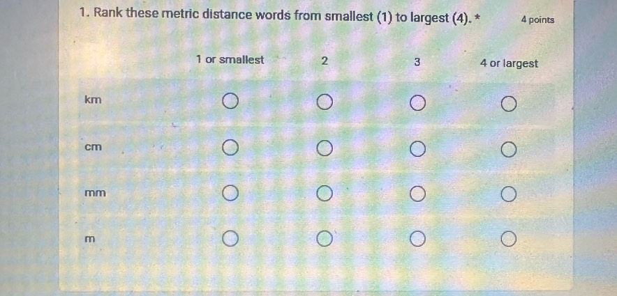 Rank these metric distance words from smallest (1) to largest (4).* 4 points