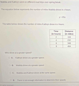 Mabilida and Kathryn went on different road trips over spring break.
The equation below represents the number of miles Matilda drove in x hours.
y=65x
The table below shows the number of miles Kathryn drove in x hours.
Who drove at a greater speed?
A. Kathryn drove at a greater speed.
B. Matilda drove at a greater speed.
C. Matilda and Kathryn drove at the same speed.
D. There is not enough information to determine their speeds