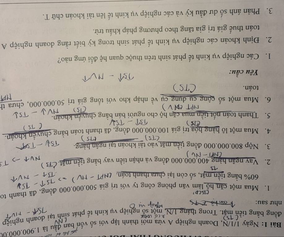 Ngày 1/1/N, Doanh nghiệp A vừa mới thành lập với số vốn ban đầu là 1.900.000.00
đồng bằng tiền mặt. Trong tháng 1/N, một số nghiệp vụ kinh tế phát sinh tại doanh nghiệp 
như sau: 
1. Mua một căn hồ làm văn phòng công ty với trị giá 500.000.000 đồng, đã thanh to
60% bằng tiền mặt, số còn lại chưa thanh toán. 
2. Vay ngân hàng 400,000.000 đồng và nhận tiền vay bằng tiền mặt. C7s
3. Nộp 800.000.000 đồng tiền mặt vào tài khoản tại ngân hàng. 
4. Mua một lô hàng hóa trị giá 100.000.000 đồng, đã thanh toán bằng chuyển khoản. 
5. Thanh toán nốt tiền mua căn hộ cho người bán bằng chuyển khoản. 
6. Mua một số cộng cu dụng cụ về nhập kho với tổng giá trị 50.000.000, chưa th 
toán. 
Yêu cầu: 
1. Các nghiệp vụ kinh tế phát sinh trên thuộc quan hệ đối ứng nào? 
2. Định khoản các nghiệp vụ kinh tế phát sinh trong kỳ biết rằng doanh nghiệp A 
toán thuế giá trị gia tăng theo phương pháp khấu trừ. 
3. Phản ánh số dư đầu kỳ và các nghiệp vụ kinh tế lên tài khoản chữ T.