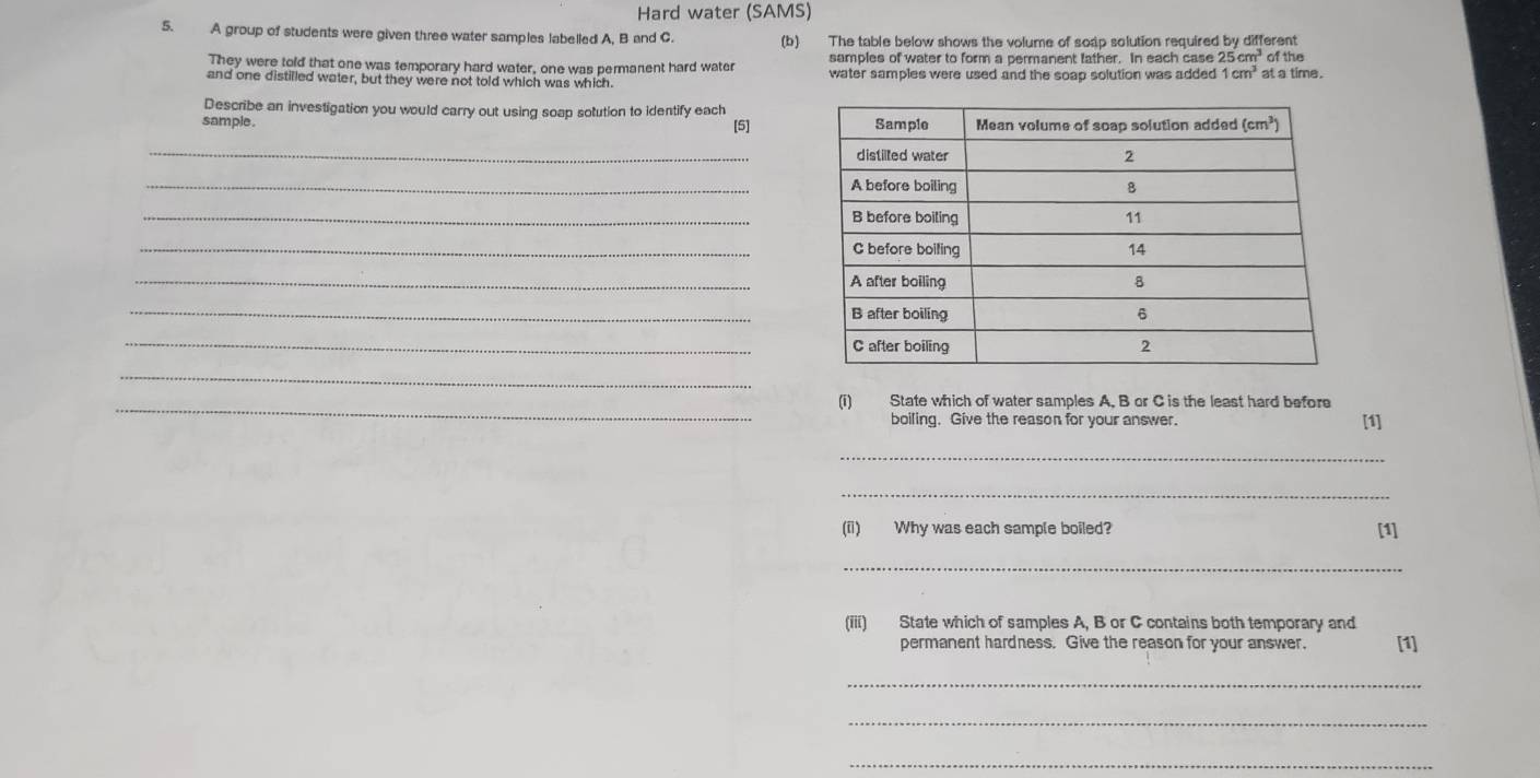 Hard water (SAMS)
5. A group of students were given three water samples labelled A, B and C. (b) The table below shows the volume of soap solution required by different of the
They were told that one was temporary hard water, one was permanent hard water samples of water to form a permanent tather. In each case 25cm^3 at a time .
and one distilled water, but they were not told which was which. water samples were used and the soap solution was added 1cm^3
Describe an investigation you would carry out using soap sotution to identify each
sample . [5]
_
_
_
_
_
_
_
_
_
(i) State which of water samples A. B or C is the least hard before
boiling. Give the reason for your answer.
[1]
_
_
(ii) Why was each sample boiled? [1]
_
(iii) State which of samples A, B or C contains both temporary and
permanent hardness. Give the reason for your answer. [1]
_
_
_