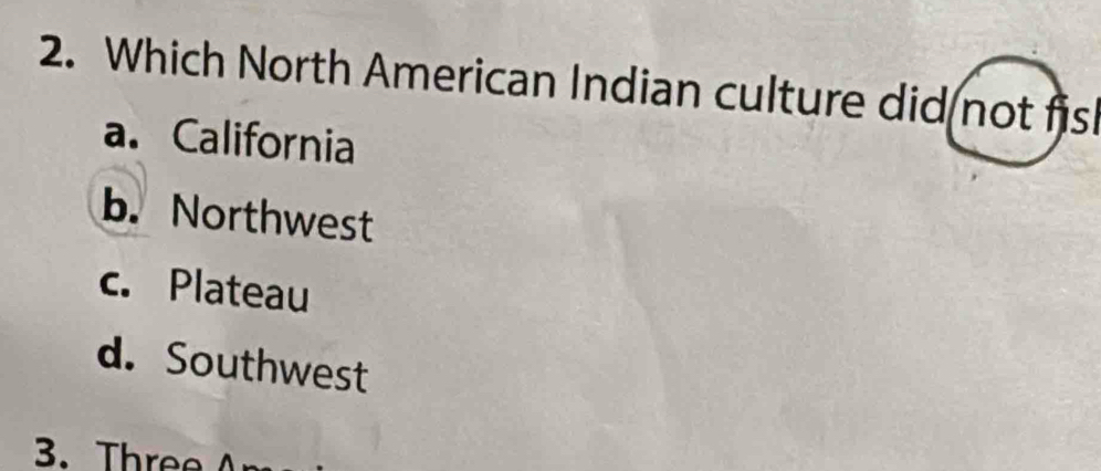 Which North American Indian culture did not fis
a. California
b. Northwest
c. Plateau
d. Southwest