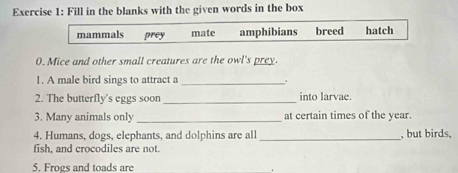 Fill in the blanks with the given words in the box
mammals prey mate amphibians breed hatch
0. Mice and other small creatures are the owl's prey.
1. A male bird sings to attract a_
2. The butterfly's eggs soon _into larvae.
3. Many animals only _at certain times of the year.
4. Humans, dogs, elephants, and dolphins are all _, but birds,
fish, and crocodiles are not.
5. Frogs and toads are