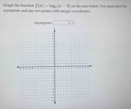 Graph the function f(x)=log _3(x-2) on the axes below. You must plot the 
asymptote and any two points with integer coordinates. 
Asymptote: