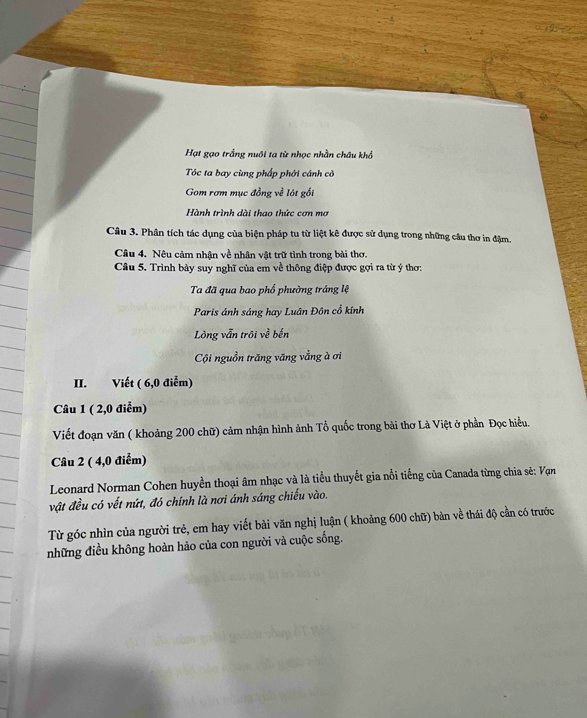 Hạt gạo trắng nuôi ta từ nhọc nhằn châu khổ
Tóc ta bay cùng phấp phới cánh cò
Gom rơm mục đồng về lót gối
Hành trình dài thao thức cơn mơ
Câu 3. Phân tích tác dụng của biện pháp tu từ liệt kê được sử dụng trong những câu thơ in đậm.
Câu 4. Nêu cảm nhận về nhân vật trữ tình trong bài thơ.
Câu 5. Trình bày suy nghĩ của em về thông điệp được gợi ra từ ý thơ:
Ta đã qua bao phố phường tráng lệ
Paris ánh sáng hay Luân Đôn cổ kính
Lòng vẫn trôi về bến
Cội nguồn trăng văng vẳng à ơi
II. Viết ( 6,0 điểm)
Câu 1 ( 2,0 điểm)
Viết đoạn văn ( khoảng 200 chữ) cảm nhận hình ảnh Tổ quốc trong bài thơ Là Việt ở phần Đọc hiều.
Câu 2 ( 4,0 điểm)
Leonard Norman Cohen huyền thoại âm nhạc và là tiểu thuyết gia nổi tiếng của Canada từng chia sẻ: Vạn
vật đều có vết nứt, đó chính là nơi ánh sáng chiếu vào.
Từ góc nhìn của người trẻ, em hay viết bài văn nghị luận ( khoảng 600 chữ) bàn về thái độ cần có trước
những điều không hoàn hảo của con người và cuộc sống.