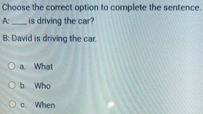 Choose the correct option to complete the sentence.
A: _is driving the car?
B: David is driving the car.
a. What
b. Who
c. When