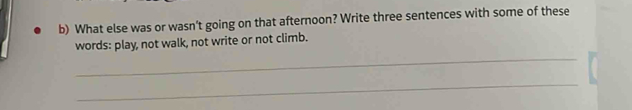 What else was or wasn’t going on that afternoon? Write three sentences with some of these 
_ 
words: play, not walk, not write or not climb. 
_