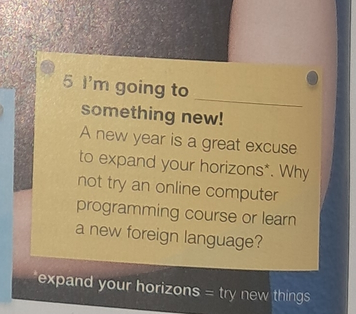 I'm going to 
something new! 
A new year is a great excuse 
to expand your horizons*. Why 
not try an online computer 
programming course or learn 
a new foreign language? 
expand your horizons = try new things