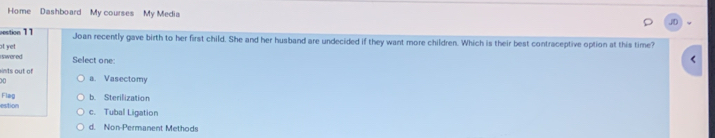 Home Dashboard My courses My Media
vestion 11 Joan recently gave birth to her first child. She and her husband are undecided if they want more children. Which is their best contraceptive option at this time?
swered t yet 
Select one
ints out of
0 a. Vasectomy
Flag
estion b. Sterilization
c. Tubal Ligation
d. Non-Permanent Methods
