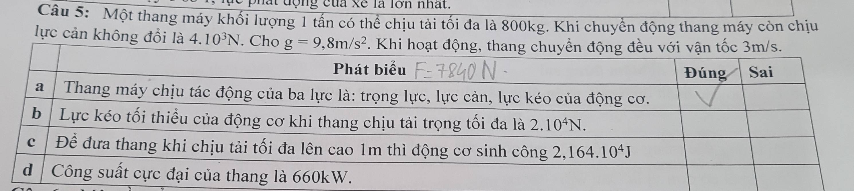 ất động của xe là lờn nhất.
Câu 5: Một thang máy khối lượng 1 tấn có thể chịu tải tối đa là 800kg. Khi chuyển động thang máy còn chịu
lực cản không đổi là 4.10^3N. Cho g=9,8m/s^2. Khi hoạt độn