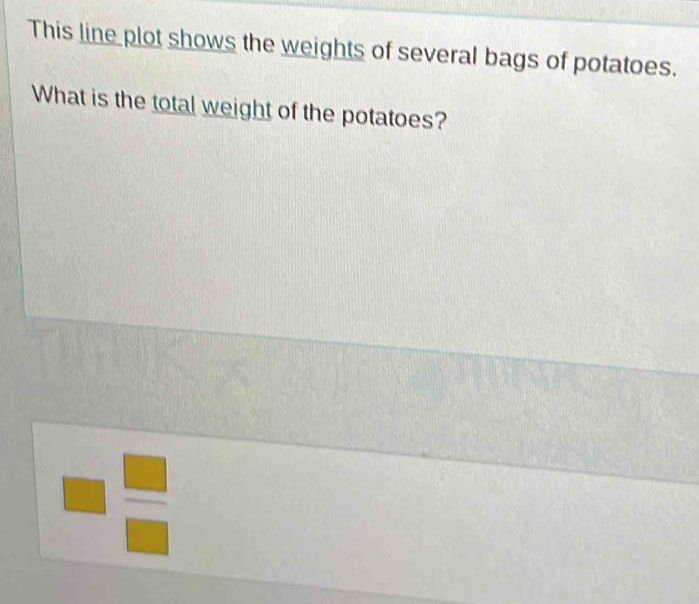 This line plot shows the weights of several bags of potatoes. 
What is the total weight of the potatoes?
□  □ /□  