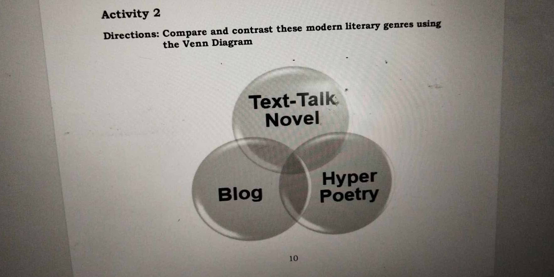 Activity 2 
Directions: Compare and contrast these modern literary genres using 
the Venn Diagram 
10