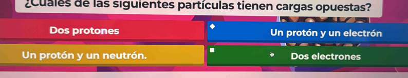 ¿cuales de las siguientes partículas tienen cargas opuestas?
Dos protones Un protón y un electrón
Un protón y un neutrón. Dos electrones