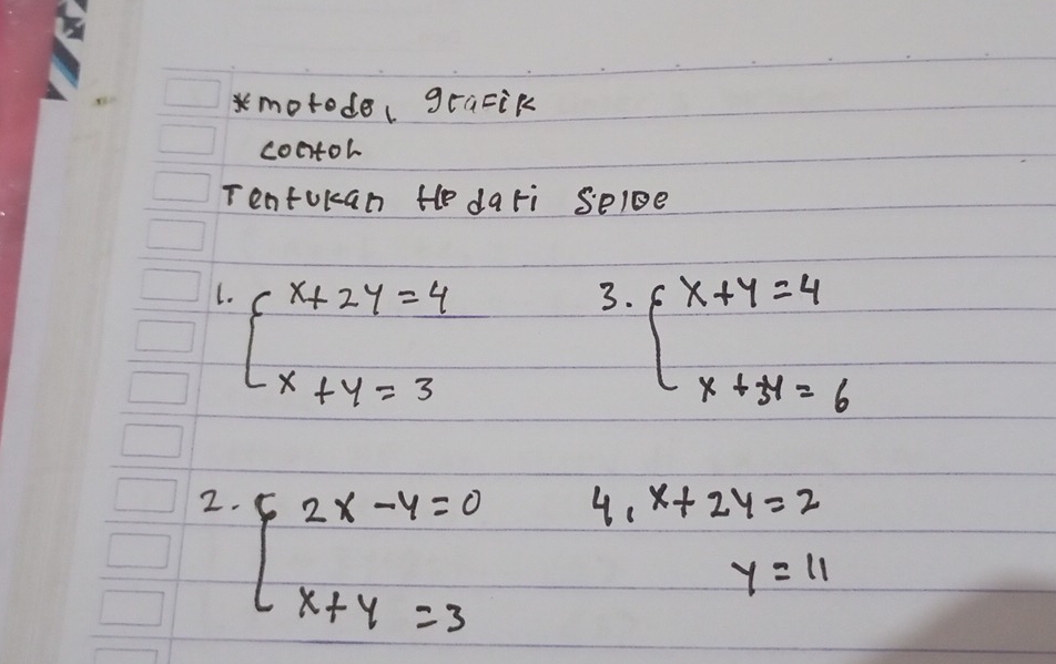 motodel graik 
contoh 
Tentukan He dari Seloe 
1. beginarrayl x+2y=4 x+y=3endarray.
3. beginarrayl x+y=4 x+3y=6endarray.
2. beginarrayl 2x-y=0 x+y=3endarray.
4. x+2y=2
y=11