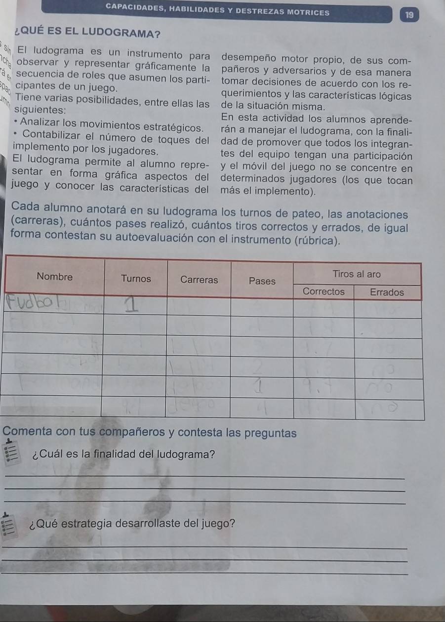 CAPACIDADES, HABILIDADES Y DESTREZAS MOTRICES 19 
¿ QUÉ ES EL LUDOGRAMA? 
Sir El ludograma es un instrumento para desempeño motor propio, de sus com- 
observar y representar gráficamente la pañeros y adversarios y de esa manera 
secuencia de roles que asumen los parti- tomar decisiones de acuerdo con los re- 
cipantes de un juego. querimientos y las características lógicas 
Tiene varias posibilidades, entre ellas las de la situación misma. 
siguientes: En esta actividad los alumnos aprende- 
Analizar los movimientos estratégicos. rán a manejar el ludograma, con la finali- 
Contabilizar el número de toques del dad de promover que todos los integran- 
implemento por los jugadores. tes del equipo tengan una participación 
El ludograma permite al alumno repre- y el móvil del juego no se concentre en 
sentar en forma gráfica aspectos del determinados jugadores (los que tocan 
juego y conocer las características del más el implemento). 
Cada alumno anotará en su ludograma los turnos de pateo, las anotaciones 
(carreras), cuántos pases realizó, cuántos tiros correctos y errados, de igual 
forma contestan su autoevaluación con el instrumento (rúbrica). 
Comenta con tus compañeros y contesta las preguntas 
¿Cuál es la finalidad del ludograma? 
_ 
_ 
_ 
¿Qué estrategia desarrollaste del juego? 
_ 
_ 
_