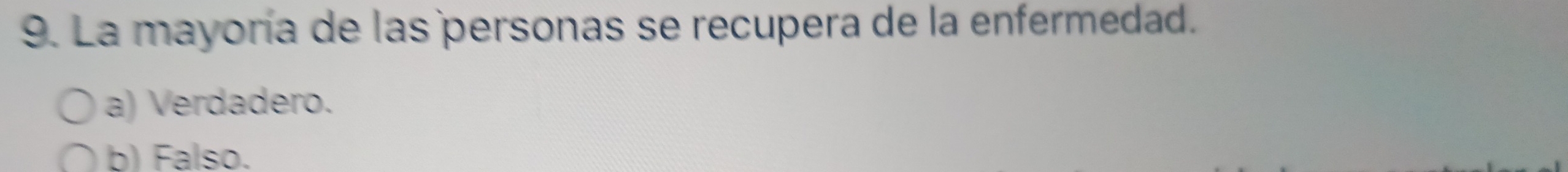 La mayoría de las personas se recupera de la enfermedad.
a) Verdadero.
b) Falso.