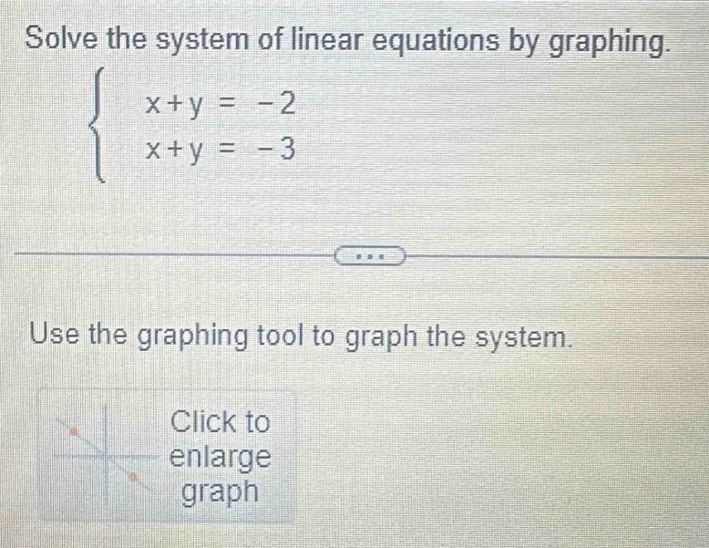 Solve the system of linear equations by graphing.
beginarrayl x+y=-2 x+y=-3endarray.
Use the graphing tool to graph the system. 
Click to 
enlarge 
graph