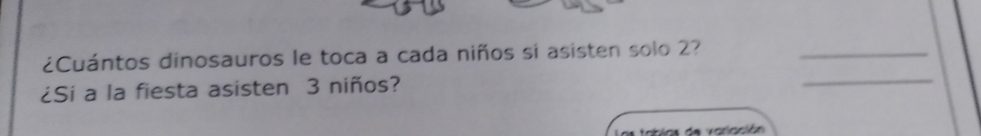 ¿Cuántos dinosauros le toca a cada niños si asisten solo 2?_ 
¿Si a la fiesta asisten 3 niños? 
_ 
Varlación