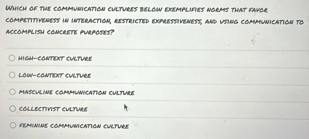 Which of the communication cultures below exemplifies norms that favor
competitiveness in interaction, restricted expressiveness, and using communication to
aCCOMPLISH CONCRETE PURPOSES?
HIGH-CONTEXT CULTURE
LOW-CONTEXT CULTURE
masculine communicaTion culture
COLLECTIViST CULTURE
feminine communication culture