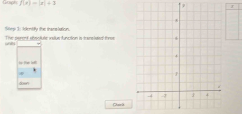Graphs f(x)=|x|+3 9z 
Step 1: Identify the translation. 
The carent absolute value function is translated three 
anits 
tis tiee liefts 
Emrs 
Chack