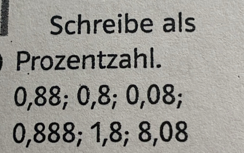 Schreibe als 
Prozentzahl.
0,88; 0,8; 0,08;
0,888; 1,8; 8,08