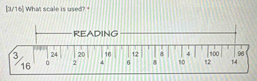 [3/16] What scale is used? * 
READING
3 24 20 16 12 8 4 100 96
16 0 2 4 6 8 10 12 14