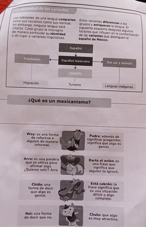 La identidad de las variantes
Los hablantes de una lengua comparten Estas variantes diferencian a los
tanto sus vocablos como sus normas: grupos y enriquecen la lengua. El
sin embargo. ninguna lengua está siguiente esquema desglosa algunos
intacta. Cada grupo le impregna factores que influyen en la conformación
de manera partícular su identidad de las variantes que distinguen el
y da lugar a variantes lingüísticas. español de México.
¿Qué es un mexicanismo?
Wey: es una forma Padre: además de
de referirse a significar progenitor,
alguien de manera significa que algo es
informal. genial.
Arre: es una palabra Darte el avión: es
que se utiliza para una frase que
afirmar algo. significa que
¿Quieres salir? Arre alguien te ignoró.
Chido: una
Está cabrón: la
forma de decir frase significa que es una situación
que algo es
difícil o algo
genial. complejo.
Nel: una forma
Chulo: que algo
de decir que no. es muy atractivo.