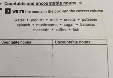 Risolto:Countable and uncountable nouns WRITE the nouns in the box into ...