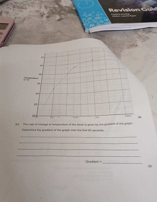 Revision Guid 
Pauline Anning 
32
30
28
Temperature
in° C
20
24
22
203 60 120 170 (4) 
(b) The rate of change of temperature of the block is given by the gradient of the graph. 
Determine the gradient of the graph over the first 60 seconds. 
_ 
_ 
_ 
_ 
Gradient =_ 
(2)