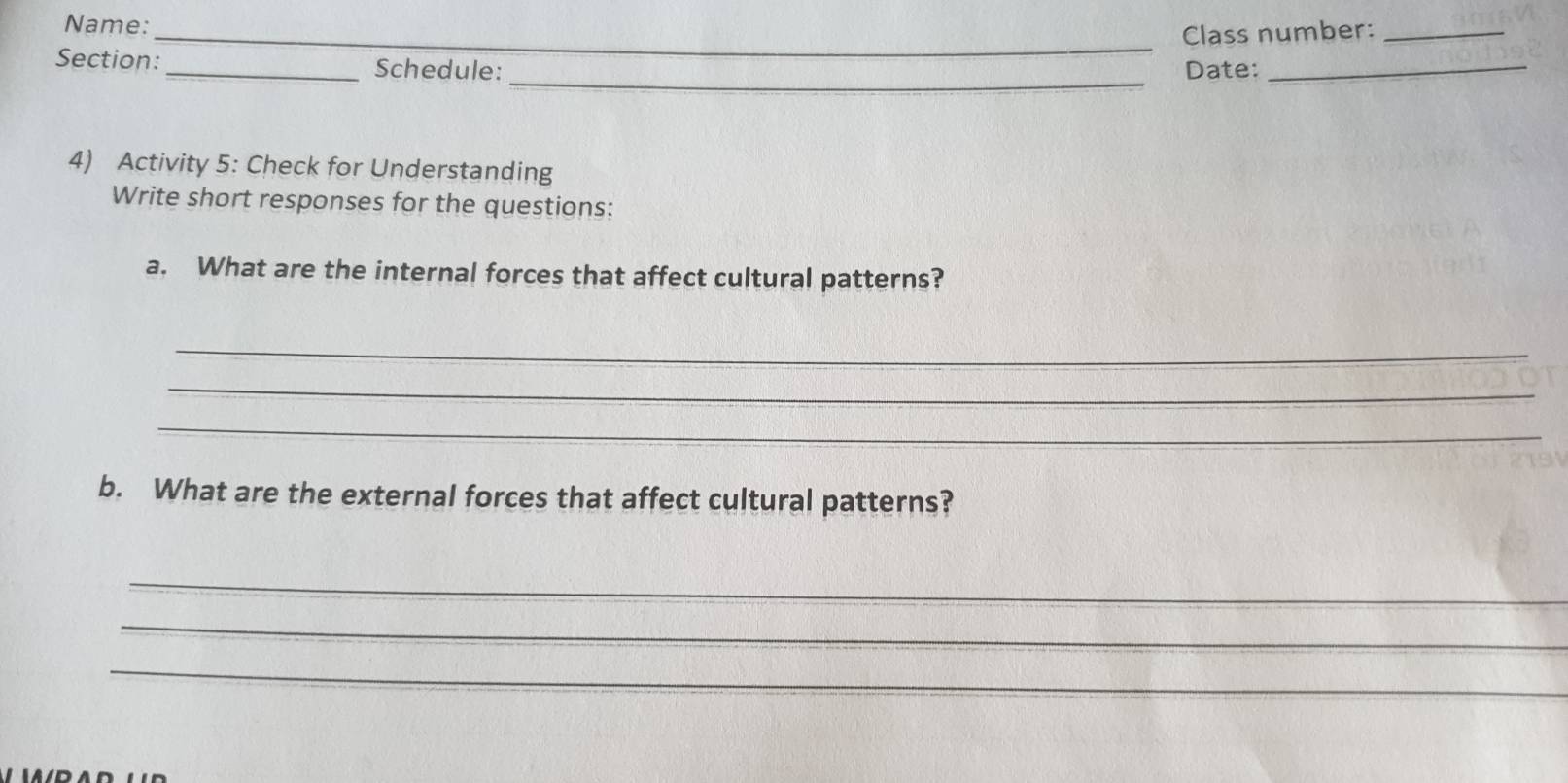 Name: 
_Class number:_ 
_ 
Section: _Schedule: Date:_ 
4) Activity 5: Check for Understanding 
Write short responses for the questions: 
a. What are the internal forces that affect cultural patterns? 
_ 
_ 
_ 
b. What are the external forces that affect cultural patterns? 
_ 
_ 
_