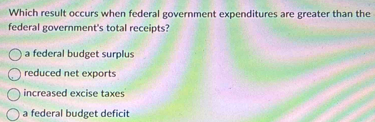 Which result occurs when federal government expenditures are greater than the
federal government's total receipts?
a federal budget surplus
reduced net exports
increased excise taxes
a federal budget deficit