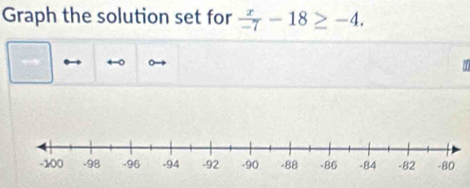 Graph the solution set for  x/-7 -18≥ -4.