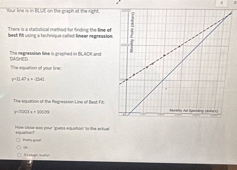 < 8
Your line is in BLUE on the graph at the right. 
There is a statistical method for finding the line of
best fit using a technique called linear regression
The regression line is graphed in BLACK and
DASHED.
The equation of your line:
y=11.47x+-1541
The equation of the Regression Line of Best Fit:
y=7.003x+10039
How close was your 'guess equation' to the actual
equation?
Pretty good!
Ok
it's rough, buddy!