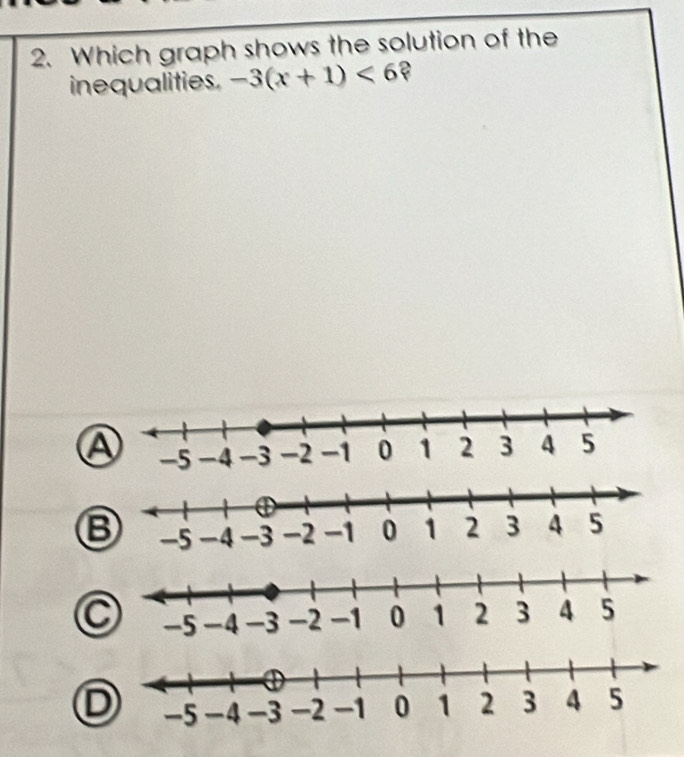 Which graph shows the solution of the 
inequalities. -3(x+1)<6</tex>?