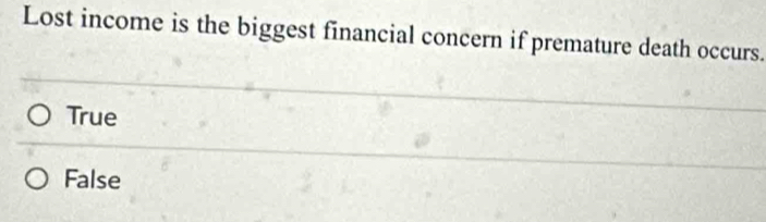 Lost income is the biggest financial concern if premature death occurs.
True
False